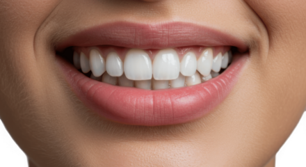 Close-up of Woman's Wide Smile Showing Perfect White Teeth and Healthy Lips Isolated on Transparent PNG Background