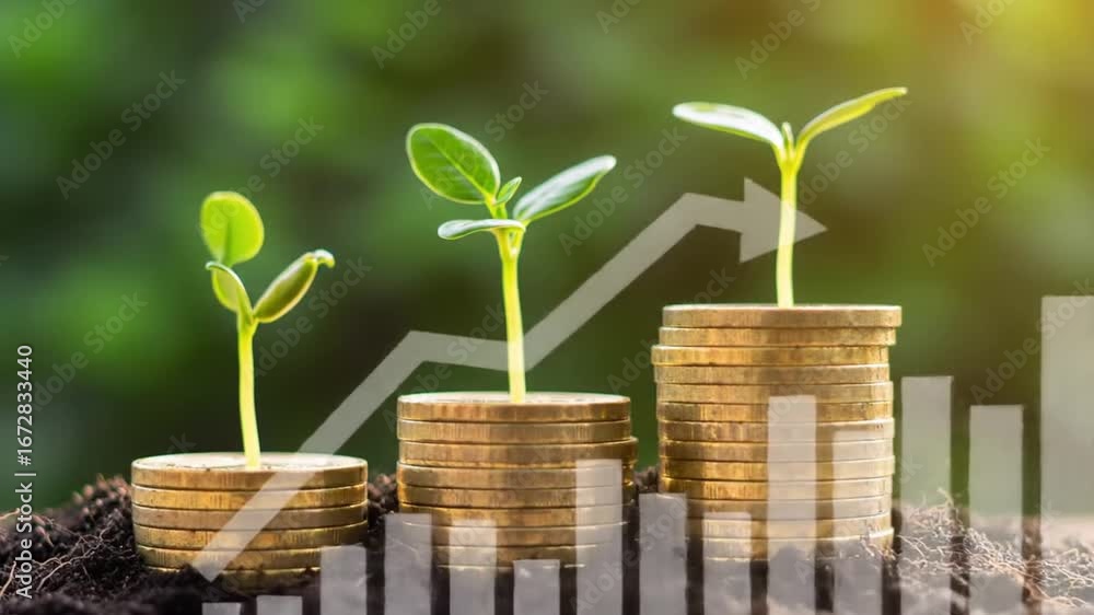 Poster three coin stack with green seedling and rising graph on blurred background