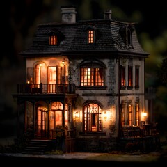 A Miniature Haunting: A Spooky Dollhouse Lit by Eerie Candlelight from Within