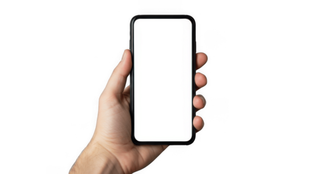 Hand Holding Modern Black Smartphone with Blank White Screen for Mockup Isolated on Transparent PNG Background