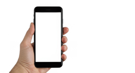 Hand Holding Modern Black Smartphone with Blank White Screen for Mockup Isolated on Transparent PNG Background