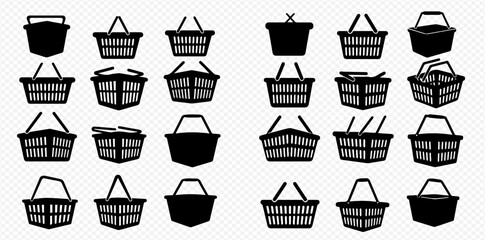 A collection of shopping basket silhouettes in various shapes and styles, arranged on a transparent background.