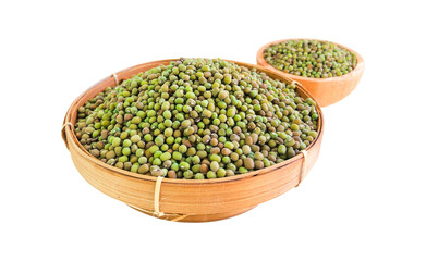 green beans in a bamboo bowl with a white isolated background