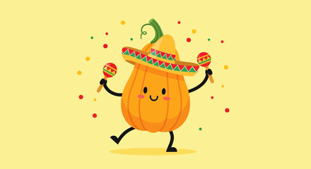 Naklejka premium Funny Pumpkin Character Wearing Sombrero And Shaking Maracas Illustration