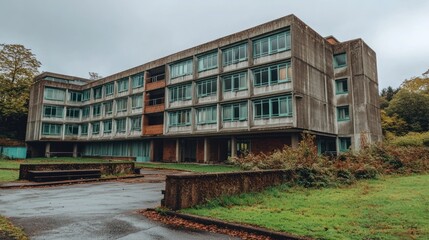 Obraz premium Decaying Brutalist Architecture: Abandoned Building with Concrete Facade and Overgrown Landscape