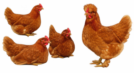 Group of Three Brown Free Range Hens (Chickens) Posing Isolated on Transparent PNG Background