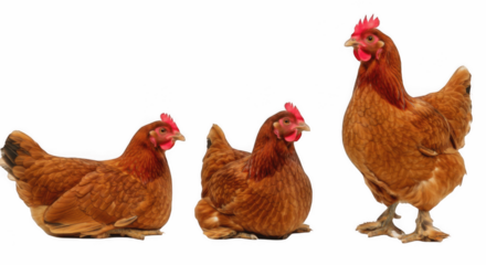 Group of Three Brown Free Range Hens (Chickens) Posing Isolated on Transparent PNG Background
