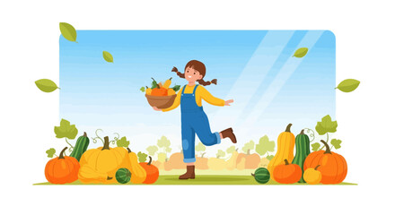 Fototapeta premium Happy Farmer Girl Harvesting Pumpkins in Her Garden during the Autumn Season