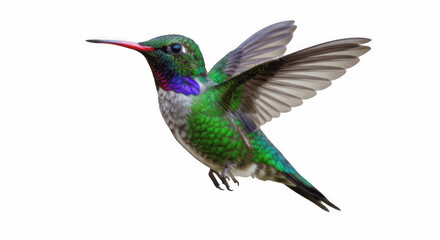 Iridescent Green Hummingbird (Colibri) in Flight with Bright Red Beak Isolated on Transparent PNG Background