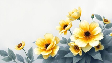 Obraz premium Delicate yellow poppies with soft gray leaves on a light background
