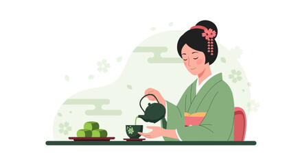 Geisha Brewing Tea Ceremony Illustration In Japanese Style With Soft Colors And Charm