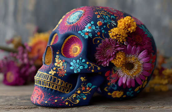 Calavera decorada, pintada con flores, tem&aacute;ctica d&iacute;ade muertos, halloween