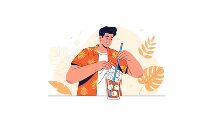 Naklejka premium Happy Man Making Iced Beverage With Decorative Elements, Illustration View
