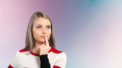 Pensive young woman thinking posing. Advertisement concept