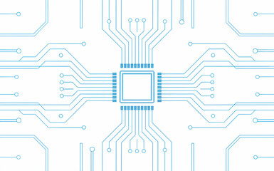 Obraz premium Abstract blue circuit board pattern with central microchip and radiating lines