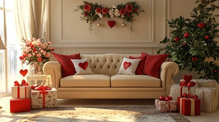 Warmly decorated living room showcasing festive red accents.