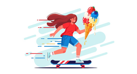Naklejka premium Girl Skating Fast While Carrying Ice Cream Symbolizing Summer Joyful Moments.