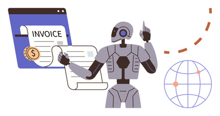 Robot managing online invoice with dollar symbol, financial document, globe, and digital interface. Ideal for finance, automation, AI, robotics, fintech global economy and workflow optimization