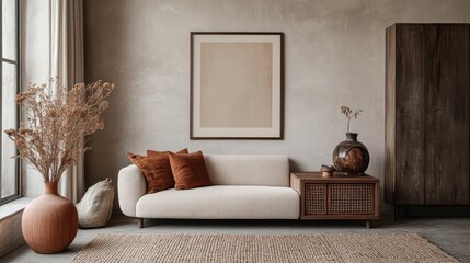 Fototapeta premium Neutral-toned living room interior with minimalist design.
