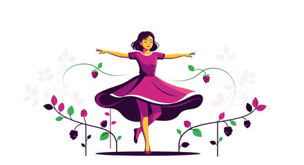 Obraz premium Graceful Woman Dancing amongst Vines with Berries in Whimsical and Vivid Colors
