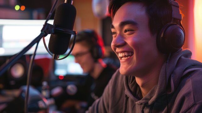 College radio dj smiling while speaking into a microphone in a studio. Happy young man co-hosting an audio broadcast with a guest. Two young content creators recording an internet podcast.