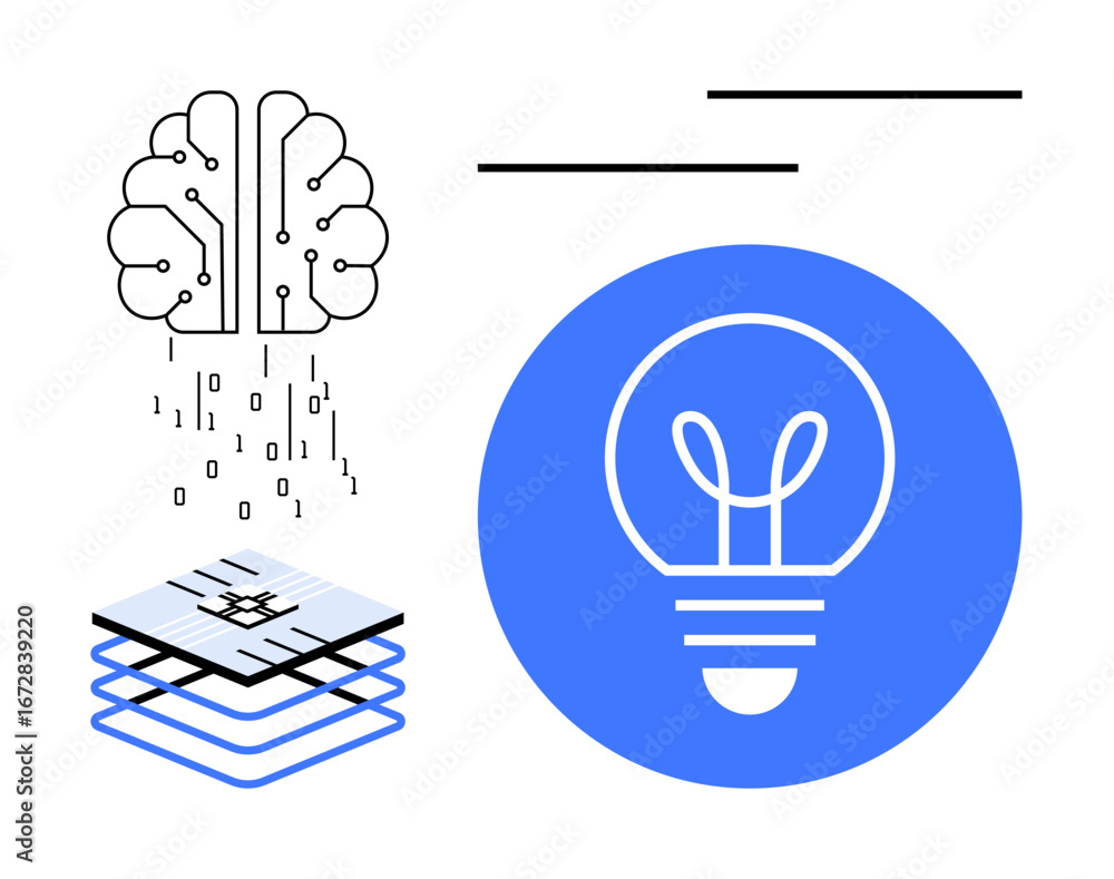 Poster ai brain generating binary code, layered circuit board structure, and lightbulb icon symbolize creat