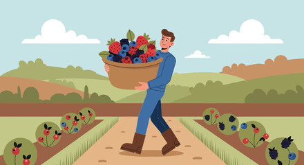 Harvesting Bounty: A Gardener's Journey Through Lush Farmland With Basket Full Of Berries
