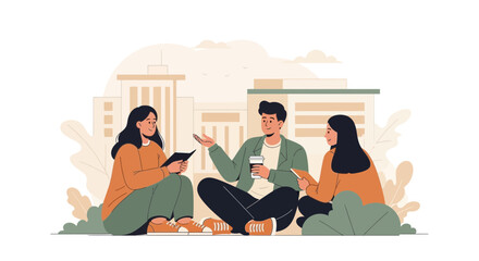 Group Discussing Ideas Outdoors Near Buildings While Thinking and Enjoying Free Time