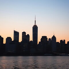 Obraz premium Silhouetted cityscape at sunrise. Tall buildings against a soft orange and pink sky, reflected in calm water. Ideal for urban, city, or sunrise themes.