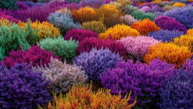 Vivid, colorful field of vibrant, diverse floral bushes, bursting with hues
