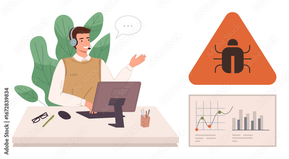 Poster support agent with headset at desk interacting on computer, addressing software bug issue. ideal for