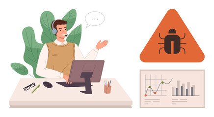 Support agent with headset at desk interacting on computer, addressing software bug issue. Ideal for tech support, customer service, IT solutions, troubleshooting, bug fixing, workflow, simple flat