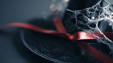 Black witch hat with silver cobwebs and crimson ribbon, embodying Halloween elegance and mystery.
