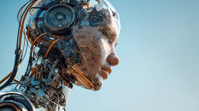 Robotic bust with visible wiring, gears, and intricate circuitry under skin