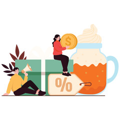 Autumn Promotion Illustration. Vector illustration of Promo setup with a wrapped gift, percent tag, golden coin, megaphone, pumpkin drink, warm autumn leaves, friendly style. Isolated on background