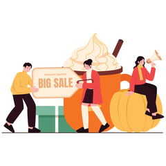Autumn Promotion Illustration. Vector illustration of Team promotion with a whipped drink, big sale tag, pumpkin seat, gift boxes, megaphone callout, seasonal leaves. Isolated on background