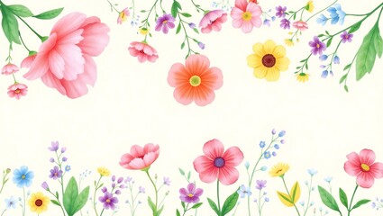 Obraz premium Delicate watercolor floral border with soft pastel flowers and greenery