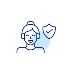 Obraz premium Verified audio safety, trusted user hearing protection, secure quality. Woman listening in headphones. Pixel perfect, editable stroke vector icon
