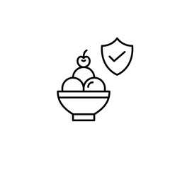 Scoops of ice cream, cherry and shield with checkmark. Gelato, certified quality, approved food. Pixel perfect, editable stroke vector icon