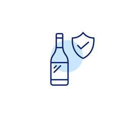 Wine bottle, shield and checkmark. Certified quality alcohol. Pixel perfect, editable stroke vector icon