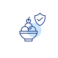 Scoops of ice cream, cherry and shield with checkmark. Gelato, certified quality, approved food. Pixel perfect, editable stroke vector icon