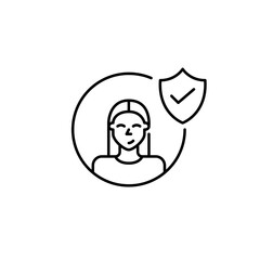Certified membership, safe data access, authenticated profile. Female user avatar, shield and checkmark. Pixel perfect, editable stroke vector icon