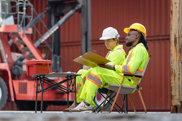 Industrial workers taking a break at shipping yard, Engineers in reflective vests and hard hats reviewing documents at a shipping container yard