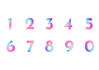 Holographic Glitter Numbers Set (0-9). Stylish decorative font with a vibrant pink, purple, and blue gradient, isolated on a black background.