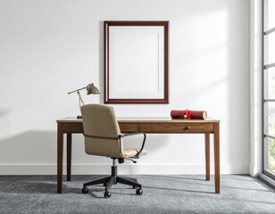 Bright and Functional Home Office with Wooden Desk and Ergonomic Chair.