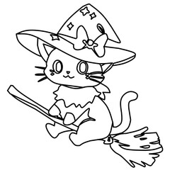 Cute line Black Cat Witch on Broomstick – Halloween Cartoon Illustration