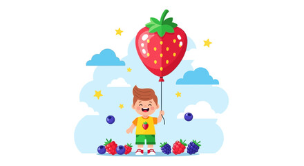 Fototapeta premium Joyful Boy Holding Bright Strawberry Balloon In Sunny Sky With Tasty Berries