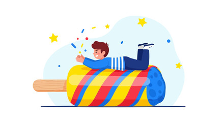 Obraz premium Joyful Boy Rides Giant Ice Cream Cone Amidst Whimsical Starry Confetti