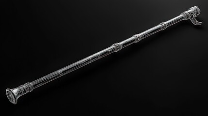 A long, slender, metallic object,  like a staff or pipe,  with intricate details.  Wireframe style,  on dark background