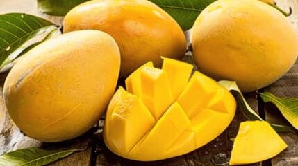 Fresh mango with vibrant orange-yellow skin, smooth texture, and a slightly curved shape, sliced open to reveal juicy orange flesh with a large central seed, placed on a white ceramic plate with a sma